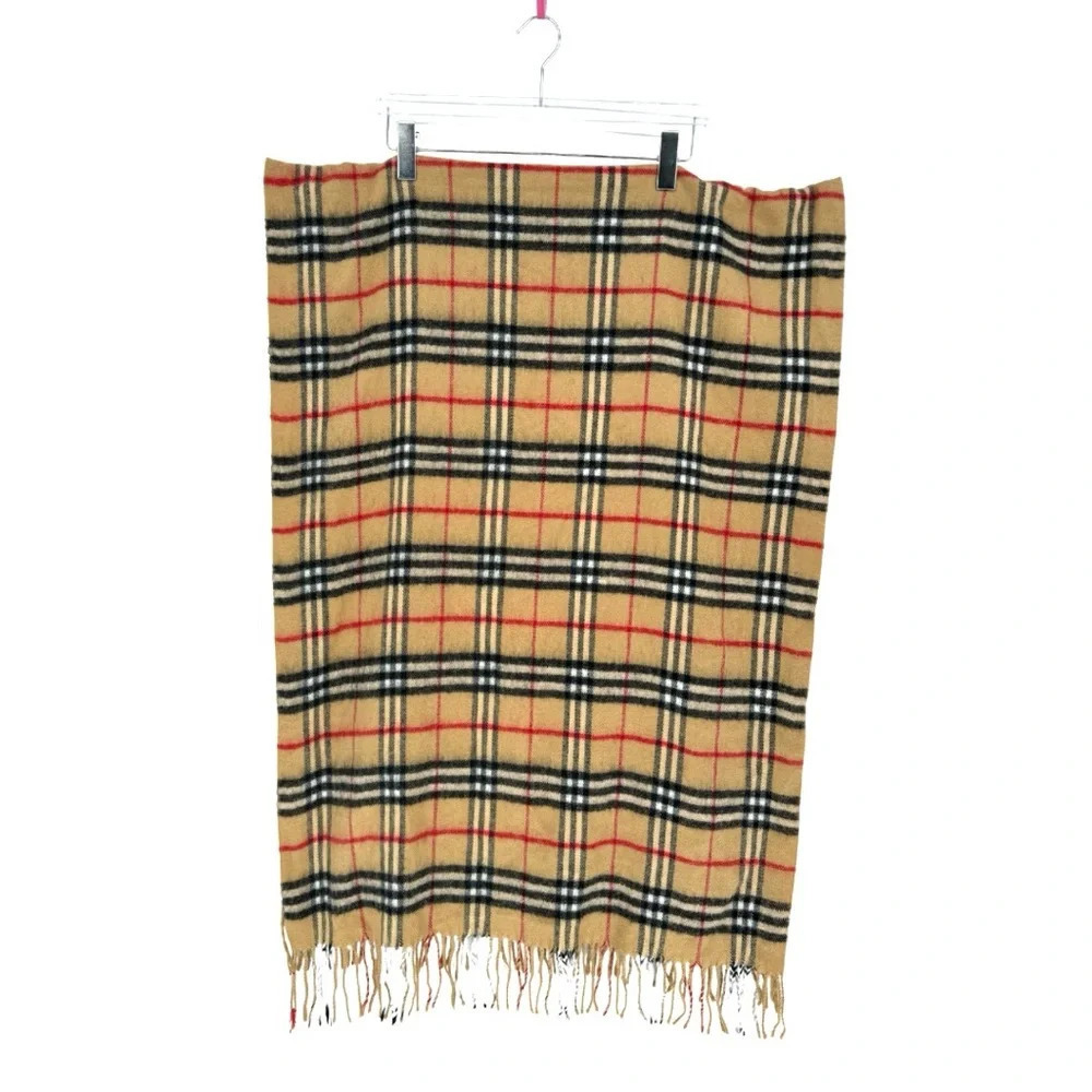 Burberry XL Cashmere Fringe Wrap Scarf Classic Tan Nova Check Plaid - Picture 3 of 7